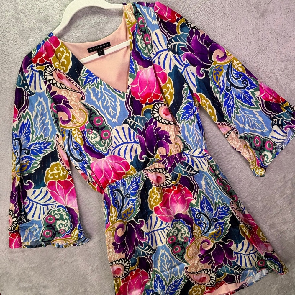 Boston Proper Womens Dress S Multicolor Paisley Metallic Bell Sleeve Mini